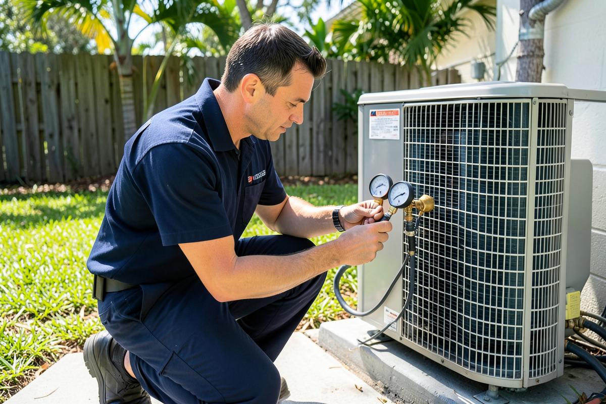 Manifold gauges connected to an outdoor AC unit in Port St. Lucie for pressure measurement